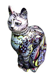 Hand-made resin large cat with intricate mosaic-style design featuring bold geometric and organic patterns in black, white, yellow, red, and lilac, displayed outdoors.
