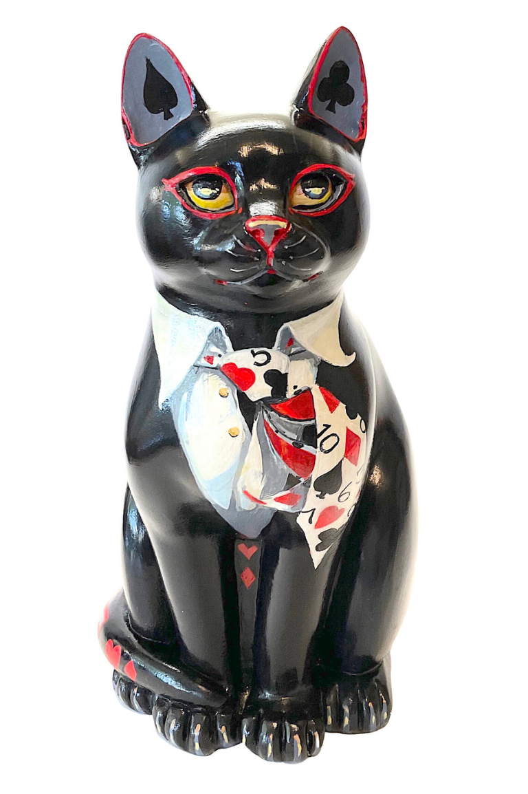 Hand-painted black resin cat ornament featuring a poker-themed design with playing cards, red and white tuxedo details, and club and spade motifs on the ears.
