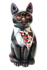 Hand-painted black resin cat ornament featuring a poker-themed design with playing cards, red and white tuxedo details, and club and spade motifs on the ears.
