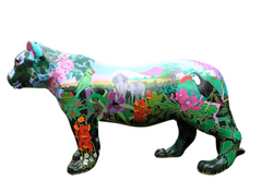 Life-size hand-painted resin tiger sculpture with vibrant rainforest theme, featuring lush greenery, wild florals, and jungle animals; made to order.