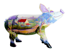 Hand-painted resin pig featuring a scenic countryside village with a red-roofed cottage, trees, and lavender fields in pastel tones